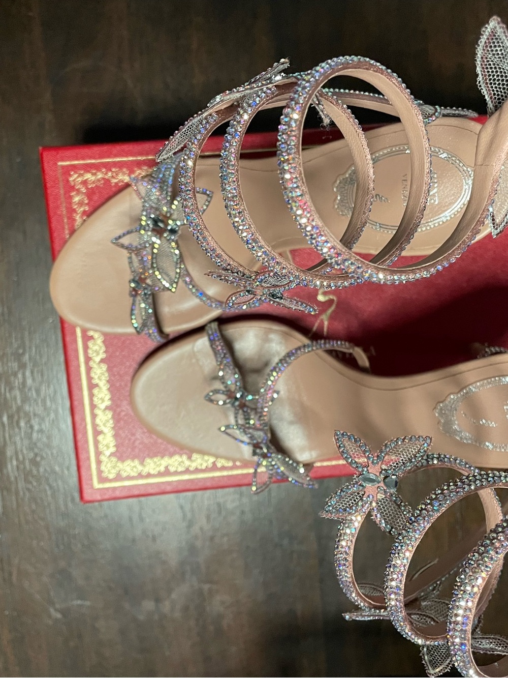 Rene Caovilla Blush Pink Crystal Butterfly Strappy Heels